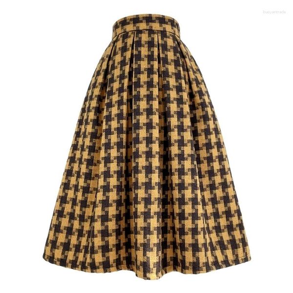 Gonne 2024 Inverno Coreano Vintage Elegante Celebrity Style Giallo Pied De Poule A Vita Alta Lunga Gonna A Pieghe Abbigliamento Donna Di Lana Caldo