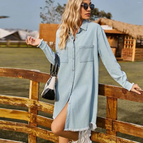 Sıradan elbiseler Teelynn Vintage Yıkanmış Uzun Kollu Mavi Denim Elbise Kadınlar İçin Yaklaşık Düz Gevşek Büyük Boy Gömlek Boho Vestidos