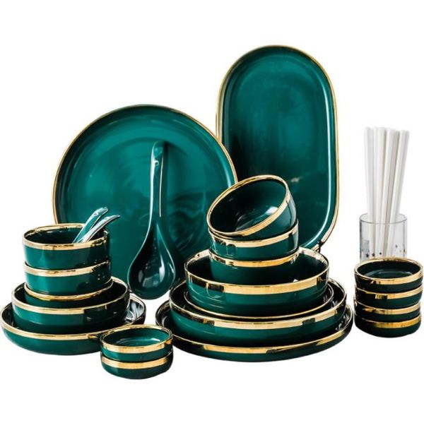 Conjunto de tigelas de talheres verde escuro criativo, placas de cerâmica banhadas a ouro, pratos de cozinha, tigelas de arroz, prato de porcelana, utensílios de cozinha novos