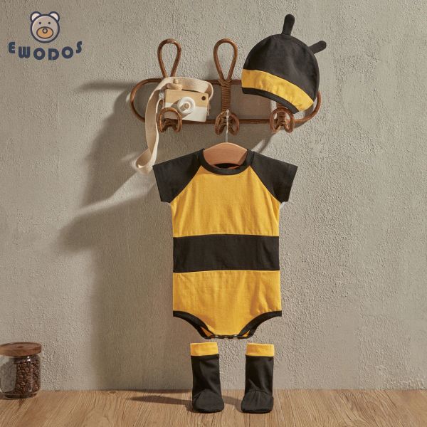 Conjuntos ewodos 012m recém -nascidos bebês garotos meninos de halloween traje abelha curta manga abelhão de mel + chapéu + asas + meias