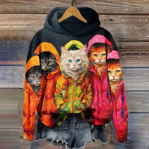 Felpe Felpe invernali da donna Felpa grafica Cool Cats Felpe con cappuccio moda Maglione Hip Hop Cat stampato Abbigliamento donna Pullover gotico