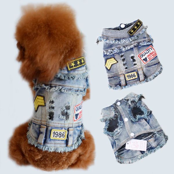 Giacche Vestiti per animali domestici Giacca jeans per cani Cappotto di jeans blu fresco Piccolo cucciolo medio Blu Vestiti lavati vintage Cani Gilet con bavero Felpa con cappuccio classica