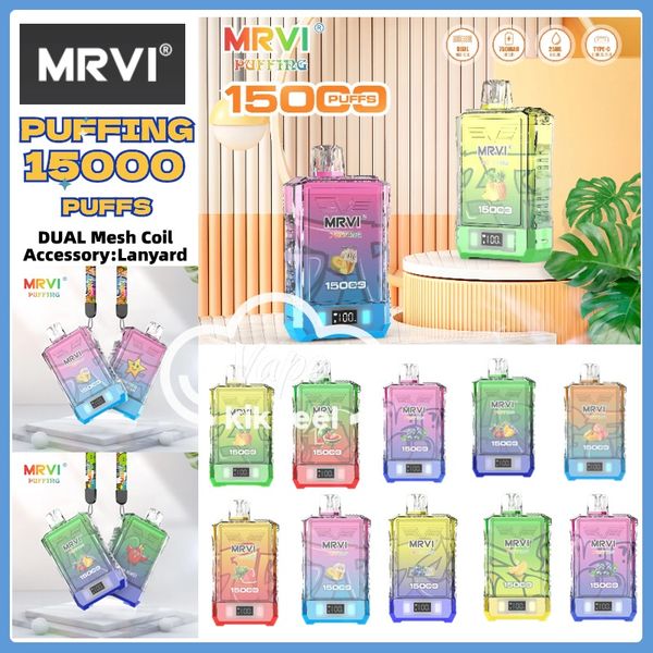 Vape Jetable MRVI Puffing 15000 Puff Одноразовая Vape Puff 15k 12k Двойная сетчатая катушка со смарт-экраном Ремешок одноразовая ручка Vape Pen Электронная сигарета PEACH MANGO