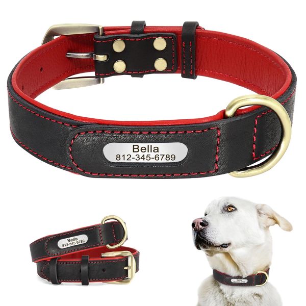 Coleiras de couro real personalizadas para cães, coleira personalizada com nome e identificação, placa de identificação gravada gratuitamente para cães médios e grandes, pitbull