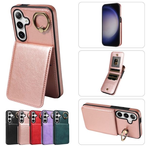 Capa de suporte para pacote de slot de cartão para Samsung S23 FE S24 Ultra S22 Plus A05 A05S A12 A13 A14 A15 A24 A25 A34 A54 Carteira de couro Metal Anel de dedo Smart Phone Stand Back Cover