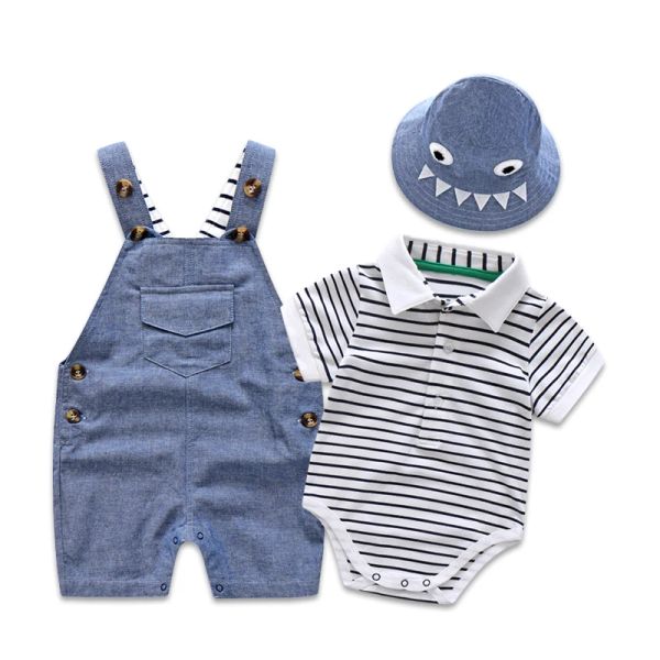 Set di abbigliamento per bambini neonato per ragazzi abiti estivi set cappello+pagliaccio a strisce+abito blu generale per bambini abiti da ragazzo