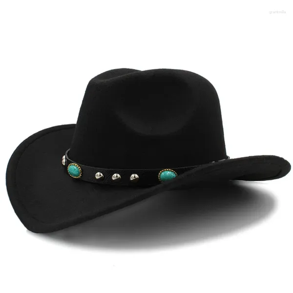 Berets inverno quente homens mulheres retro lã feltro ocidental cowboy chapéu aba larga cowgirl kallaite trança faixa de couro (54/57/61cm ajustar corda)