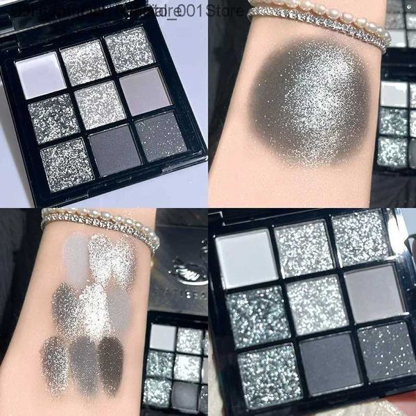 Lidschatten, 9 Farben, rauchige, matte Glitzer-Lidschatten-Palette, winzige Pailletten-Lidschatten-Make-up-Palette, kühles Grau, schwarze Augenfarbpalette, Q240229