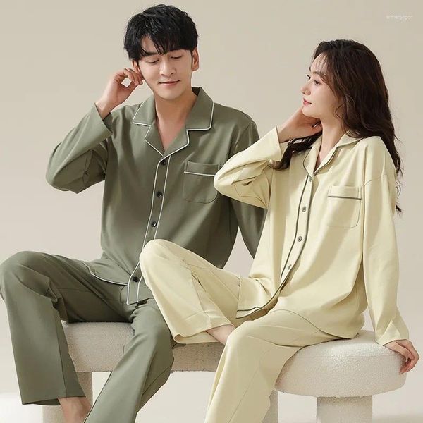 Homens sleepwear primavera outono ins estilo algodão casal pijama conjuntos mulheres e homens cor sólida casa roupas jovens estudantes cardigan