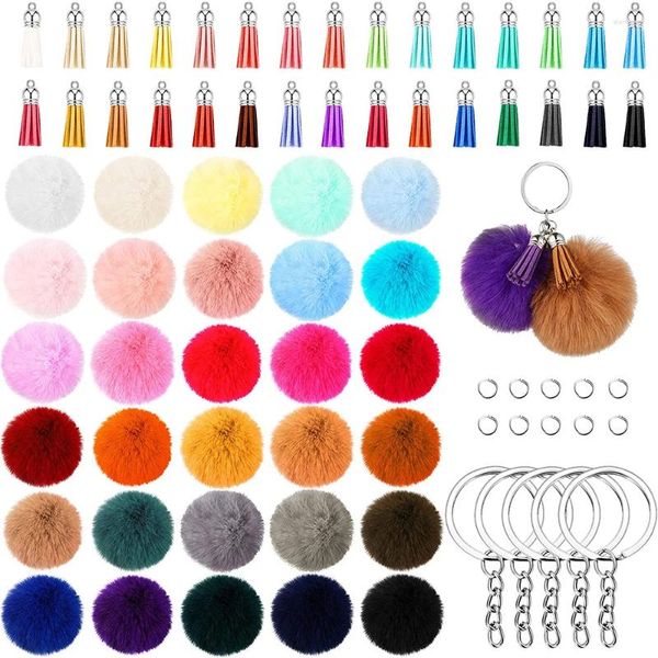 Chaveiros 150pcs Pom Keychain fofo pompons de pele sintética com borla de couro para acessórios de charme de saco