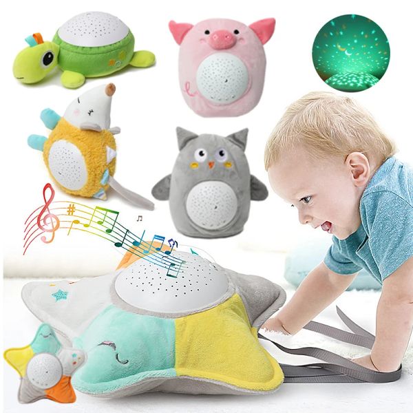 Almofadas crianças brinquedos macios recheado sono led noite lâmpada animal pelúcia com música estrelas projetor luz dormir brinquedos calmantes presente do bebê