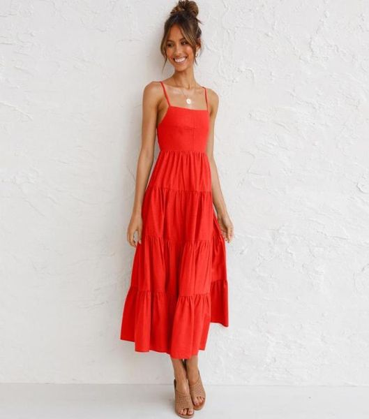 Sıradan elbiseler kırmızı elbise kadınlar geliyor yaz kayış fırfırlar sırtsız orta yüz uzun 2021 seksi askı mi vestido de mujer2860981