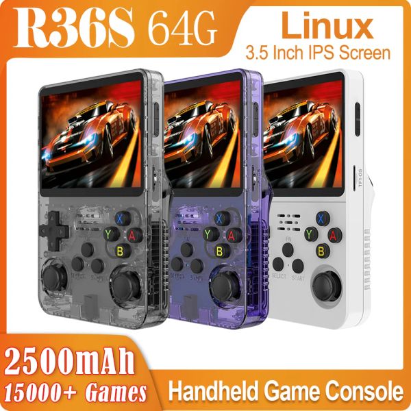 Jogadores R36S Retro Handheld Video Game Console 64GB 15000+ Jogos 3,5 polegadas IPS Screen Pocket Game Player Open Source Linux 3D DualSystem