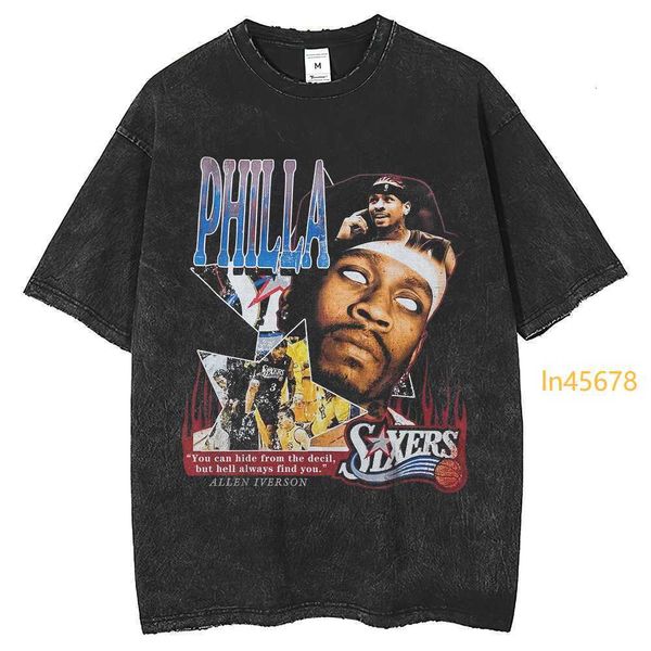 2024 Neuer Designer Allen Iverson Portrait bedrucktes stilvolles T-Shirt 250g gewaschenes altes T-Shirt in Übergröße