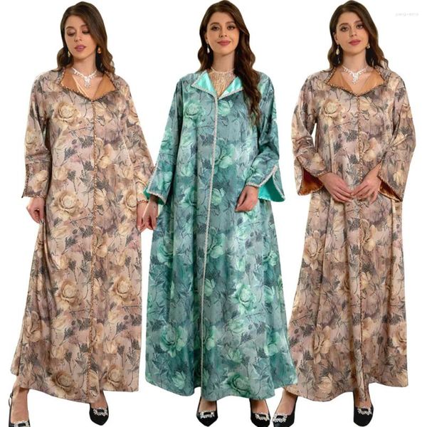 Abbigliamento etnico 2024 Primavera Diamanti di lusso Abaya Stampa Abito per le donne Musulmano Turco Marocchino Caftano Scollo a V Medio Oriente Ramadan islamico