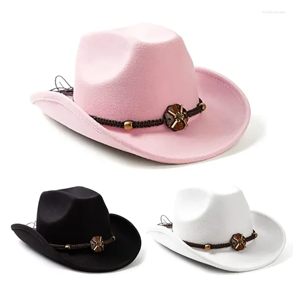 Berets Chapéus de cowboy adultos com corda decorativa para mulher chapéu ocidental modelo mostrar homens de feltro