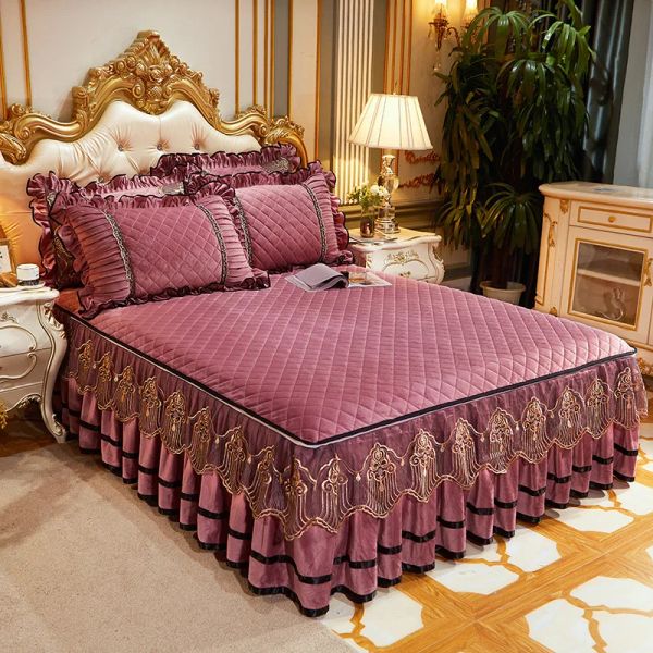 Set 3 pezzi di alta qualità biancheria da letto gonne letto federe viola spesso caldo pizzo copriletto principessa lenzuola coprimaterasso re regina