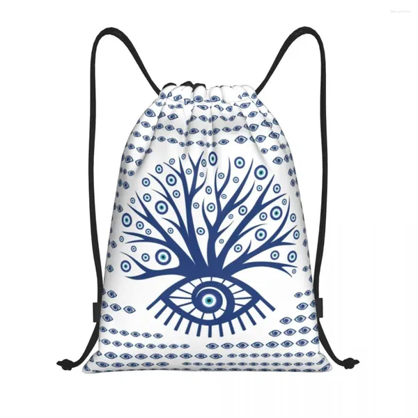 Borse per la spesa Greca Evil Eye Tree Mati Zaino con coulisse Donna Uomo Palestra Sport Sackpack Matiasma portatile su bianco Borsa turca Sacco