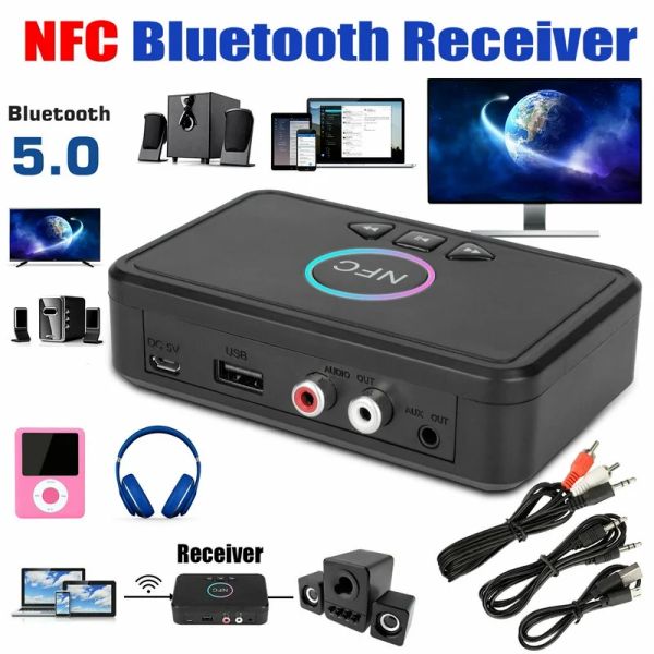 Adaptadores/dongles sem fio NFC Receptor Bluetooth BT5.0 Transmissor de áudio 3,5 mm Jack Aux 2 RCA Adaptador estéreo