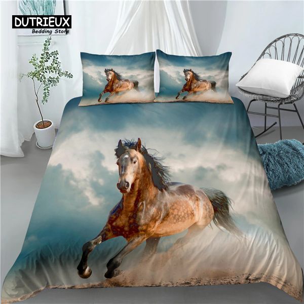 Set Home Living Luxury 3D Running Horse Print 2/3PCS bequeme Bettdecke Kissenbezug Bettwäsche Sets Queen und König EU/US/AU Größe Sheer Vorhänge