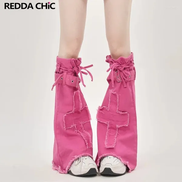 Damensocken REDDACHiC Barbiecore Pink Denim Beinwärmer Ausgefranste Stiefelüberzug Kreuzgepatchte Bandage Knielang Y2k Dopaminkleidung