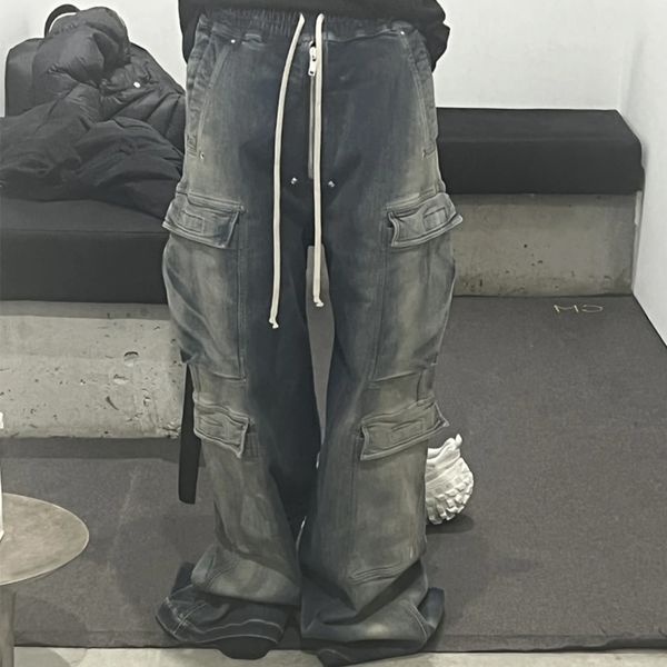 Pantaloni da uomo popolari Jeans multitasche con coulisse in denim lavato Pantaloni alla moda per uomo Abbigliamento da uomo a figura intera