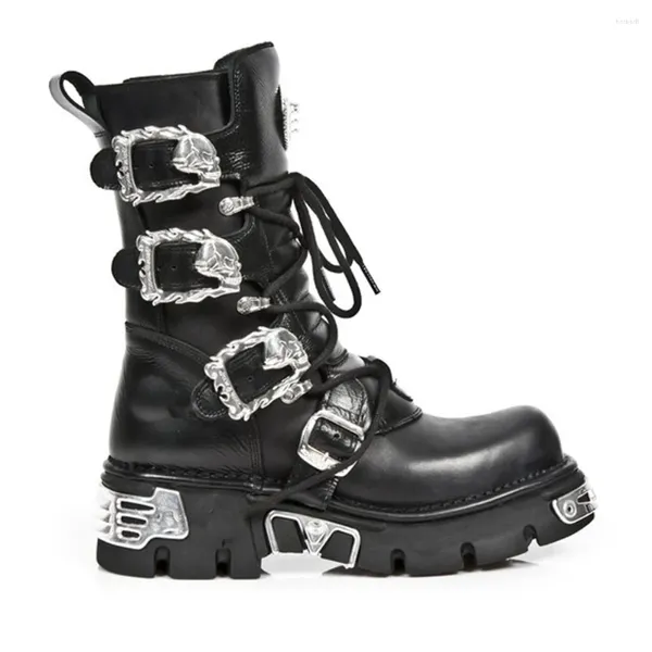 Botas masculinas moda couro genuíno motocicleta gótico crânio punk design rock unisex meados de bezerro metálico combate boot48