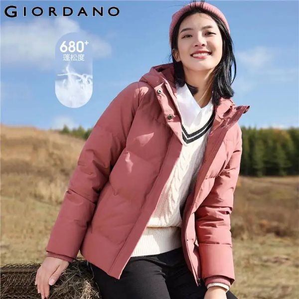 Пальто Giordano женские пуховики однотонные с капюшоном 85% куртка на утином пуху ветрозащитные повседневные пуховики 05372703