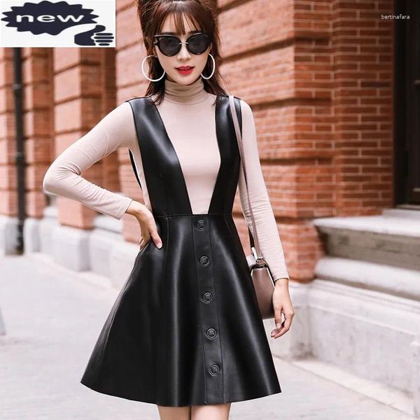 Casual Dresses Luxus Frauen Echtes Schaffell Träger Kleid A-Linie Kurz Echtes Leder Mid Fashion Slim Hosenträger Damen Herbst Sommerkleid