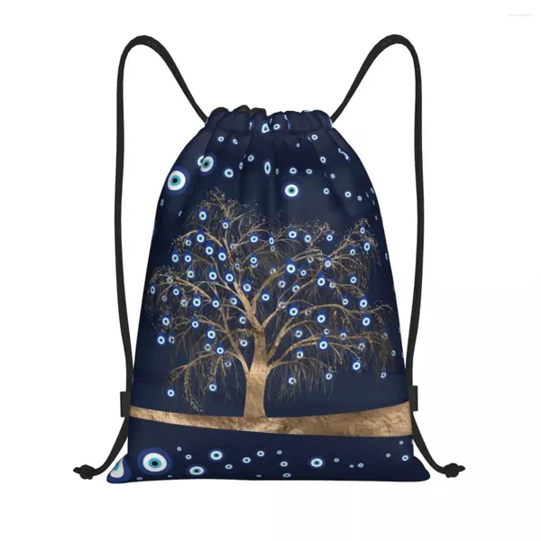 Einkaufstaschen Charm Tree Gold auf dunkelblauem Kordelzug-Rucksack für Damen und Herren, für Fitnessstudio, Sport, tragbar, Amulett-Nazar-Evil-Eye-Beutel