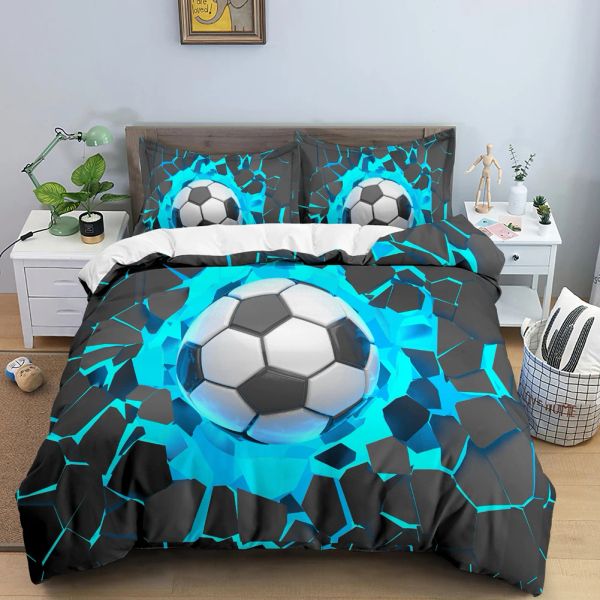 Комплект футбольного одеяла для футбольных одеял 3D -принт с синей трещиной Cool Sport Cover Cover Cover Size for Kids Boys Girl Polyester Set Set
