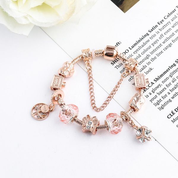 Boutique rosa ouro pulseiras das mulheres estilo de luxo rosa vidro grânulo pulseira estilo moda dos desenhos animados pulseira das crianças primavera novo aniversário amor presentes jóias