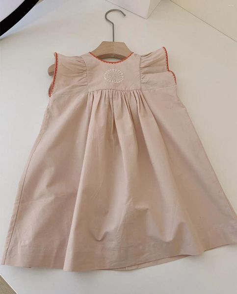 Vestidos de menina tamanho 130cm bebê meninas vestido rosa claro girassol refinado bordado verão roupas infantis