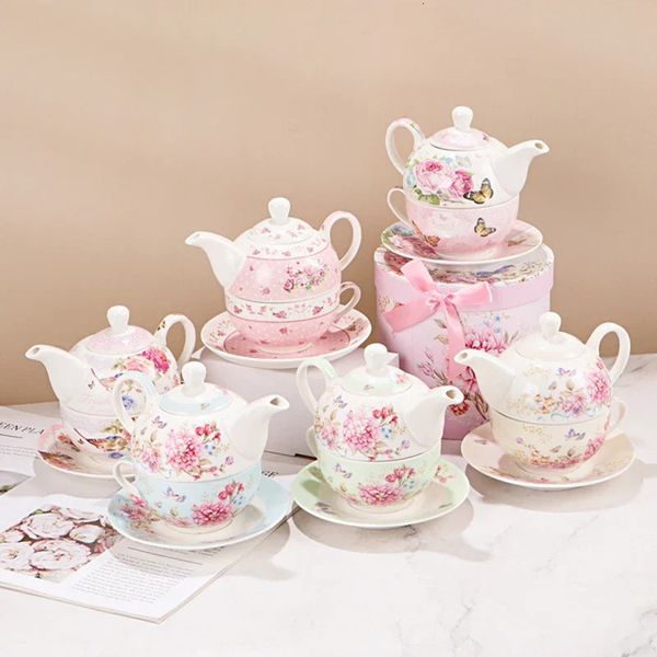 Bule de porcelana conjunto de pires de chá chinês design de flor xícara de chá de café para um conjunto 240227