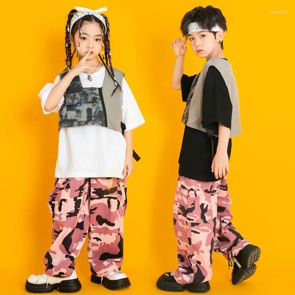 Abbigliamento da palcoscenico Costumi hip-hop per bambini Abiti da ballo Jazz Sala da ballo per ragazze Ragazzi Dancewear Street Pantaloni mimetici T-shirt Gilet