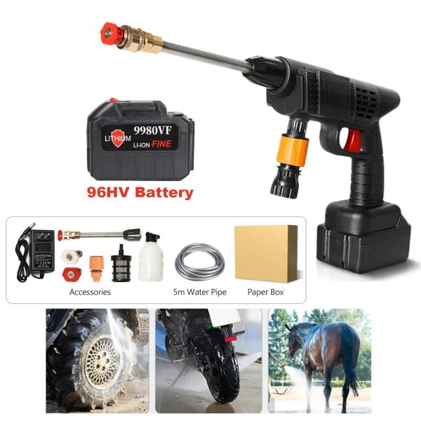 Lavadora portátil de alta pressão pistola água limpeza lavagem carro hine jardim rega mangueira bico sprinkler espuma pistola água 96hv grande bateria