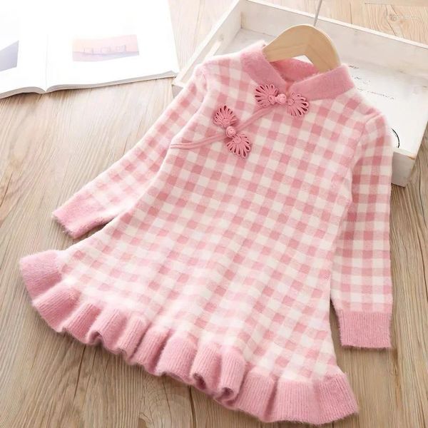 Vestidos de menina suéter de bebê outono inverno vestido quente grosso de malha estilo chinês retrô PTKPCC