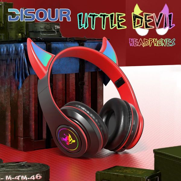 Cuffie Cuffie wireless Devil con microfono per bambini Bambino carino Stereo Bass Musica FM Auricolare Bluetooth Supporto per giocatori Scheda TF Ragazzo Ragazza Regalo