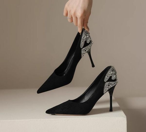 Tasarımcı Kadın Siyah Süet Rhinestone Yüksek Topuk Ayakkabı Stiletto Topuklu 3/5/7/9 CM Slip-On Moda Akşam Partisi Elbise Ayakkabı