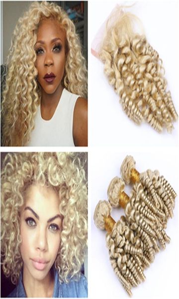 Peruanisches Echthaar Aunty Funmi Blonde Weaves mit Top-Verschluss 3 Bündel 613 Blonde Romance Curls Virgin Hair Wefts mit 4x4 Spitze 8701913