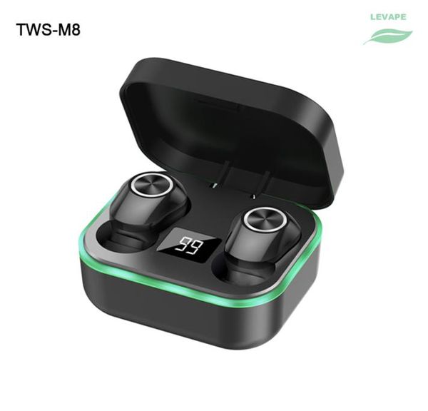 Tws fone de ouvido sem fio luz respiração bluetooth v51 no ouvido à prova dwaterproof água fone m8 com display led 300mah caso carga mini esporte 1605190