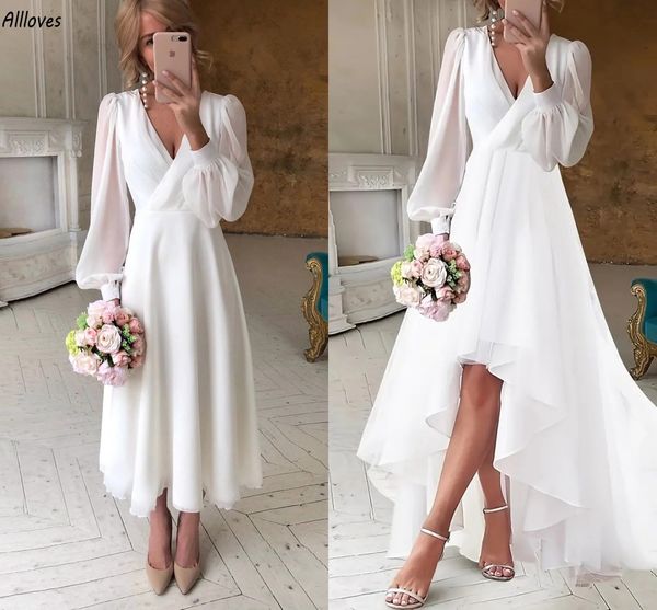 Simples decote em v flowy chiffon verão praia vestidos de noiva com mangas compridas boho a linha vestidos de casamento comprimento chá hi-lo branco curto feminino noiva festa recepção vestido cl3343