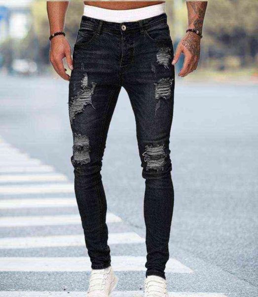 Jeans skinny neri Jeans strappati da uomo Jeans 2021 NUOVI pantaloni casual da strada estivi con foro casual Hip Hop Pantaloni slim da uomo alla moda H4127560