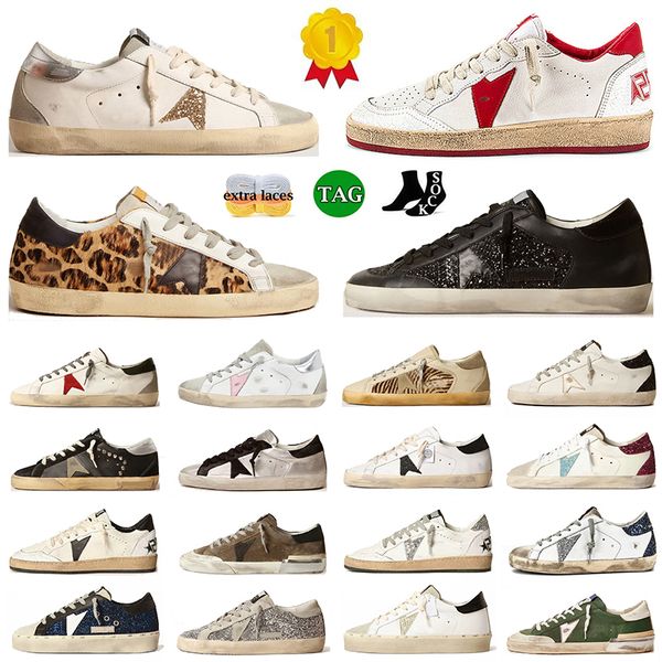 Niedrige goldene Designer-Sneakers, Freizeitschuhe, Damenoberteile, Leder, Goldenstar-Kugelsterne, Rosa-Silber-Glitzer, schmutzige alte Plateau-Slipper, Luxus-Superstar-Männertrainer