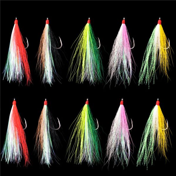 Fishhooks 15/25pcs Uzun Shank Bucktail Teaser Balıkçılık Kanca Mylar Flash Balıkçılık Teaser Etekler Jig Yem Fuze Striper Bas Teçhizat Balıkçılık