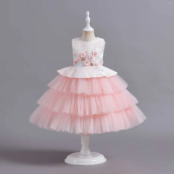 Abiti per ragazza HETISO Elegante fiore con paillettes a strati Tulle senza maniche Festa formale per ragazze Abbigliamento per bambini Abito di compleanno per bambini 2-10Y