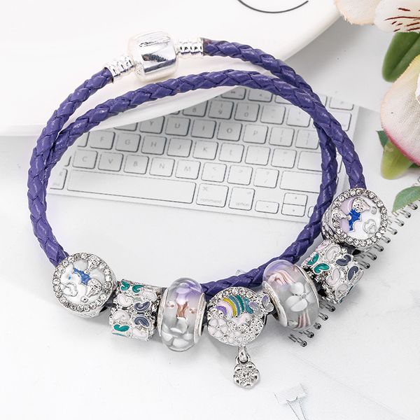Lila Luxus-Stil Armband Doppelschleife Leder Seil Armband weibliche Emaille Gänseblümchen Perlen Anhänger Armband Boutique Diy Schmuck Großhandel