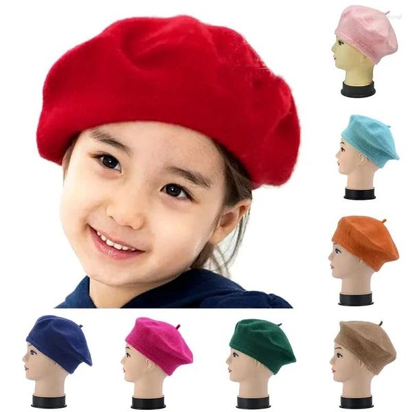 Berets bebê crianças meninas boina artista francês lã quente inverno gorro chapéu retro vintage liso cor sólida elegante