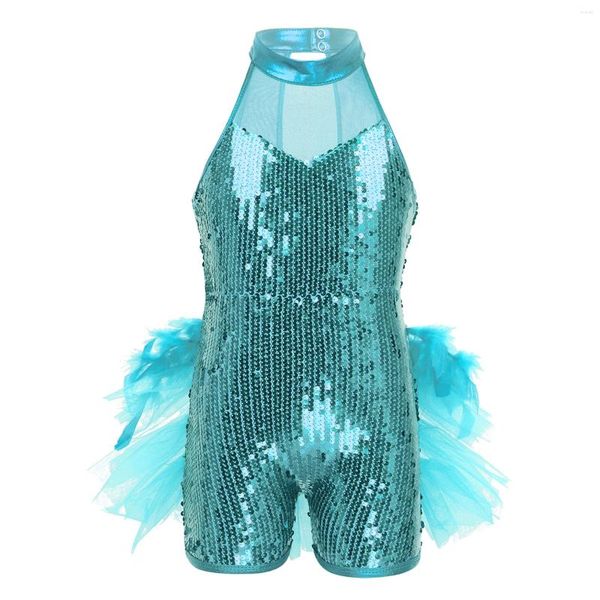 Abbigliamento da palcoscenico Bambini Ragazze Shiny Jazz Latin Balletto Body da ballo senza maniche in rete con collo a lupetto Tuta Ginnastica Danza Spettacolo Costume