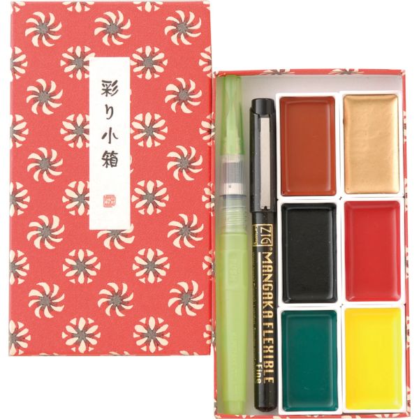 Pennarelli KURETAKE Pittura cinese Acquerello Colore 6 colori Pigmento colorato Completo Acquerello, con penna stilografica e pennarello